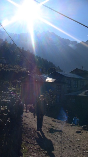 Suzanne hiking out of Lukla